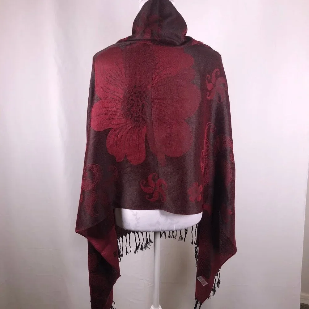 🌹Jerusalem Label 100% Cashmere Shawl – Garnet Floral Weave • Quiet Luxury